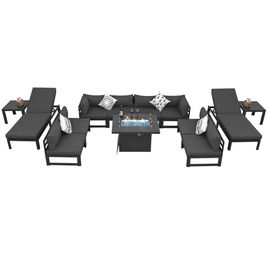 NICESOUL 13 Pieces Aluminum Patio Furniture Set with Fire Pit Table, Gray Modern Outdoor Furniture Set with Black Olefin Cushion, Patio Sectional Sofa for Garden