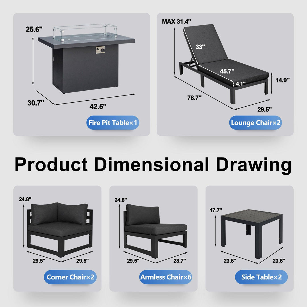 NICESOUL Aluminum Patio Sofa with Fire Pit, Chaise Lounge, Table 10 Seater 13-Piece