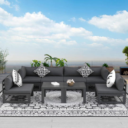 NICESOUL 8 Pieces Aluminum Outdoor Patio Furniture Conversation Sofa Set, Grey Large Size Luxury Sectional Couch with Coffee Table Black Olefin Cushion for Backyard Garden#color_gal-darkgray