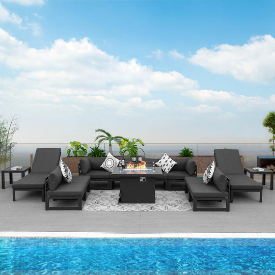 NICESOUL Aluminum Patio Sofa with Fire Pit, Chaise Lounge, Table 10 Seater 13-Piece