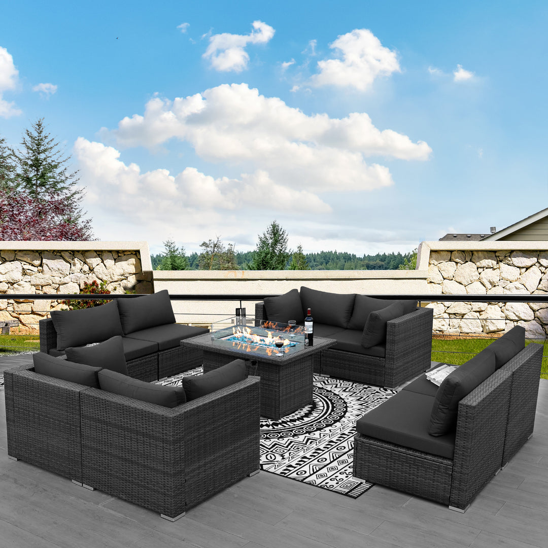 NICESOUL® Outdoor Patio Sectional Furniture Sofa Set with Natural Gas/Propane Firepit Table, Large Size Gray PE Rattan Weather Resistant Conversations for Outside#color_grt-darkgray