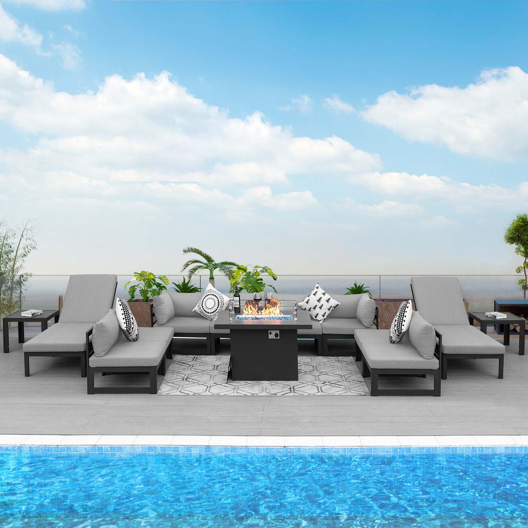 NICESOUL Aluminum Patio Sofa with Fire Pit, Chaise Lounge, Table 10 Seater 13-Piece