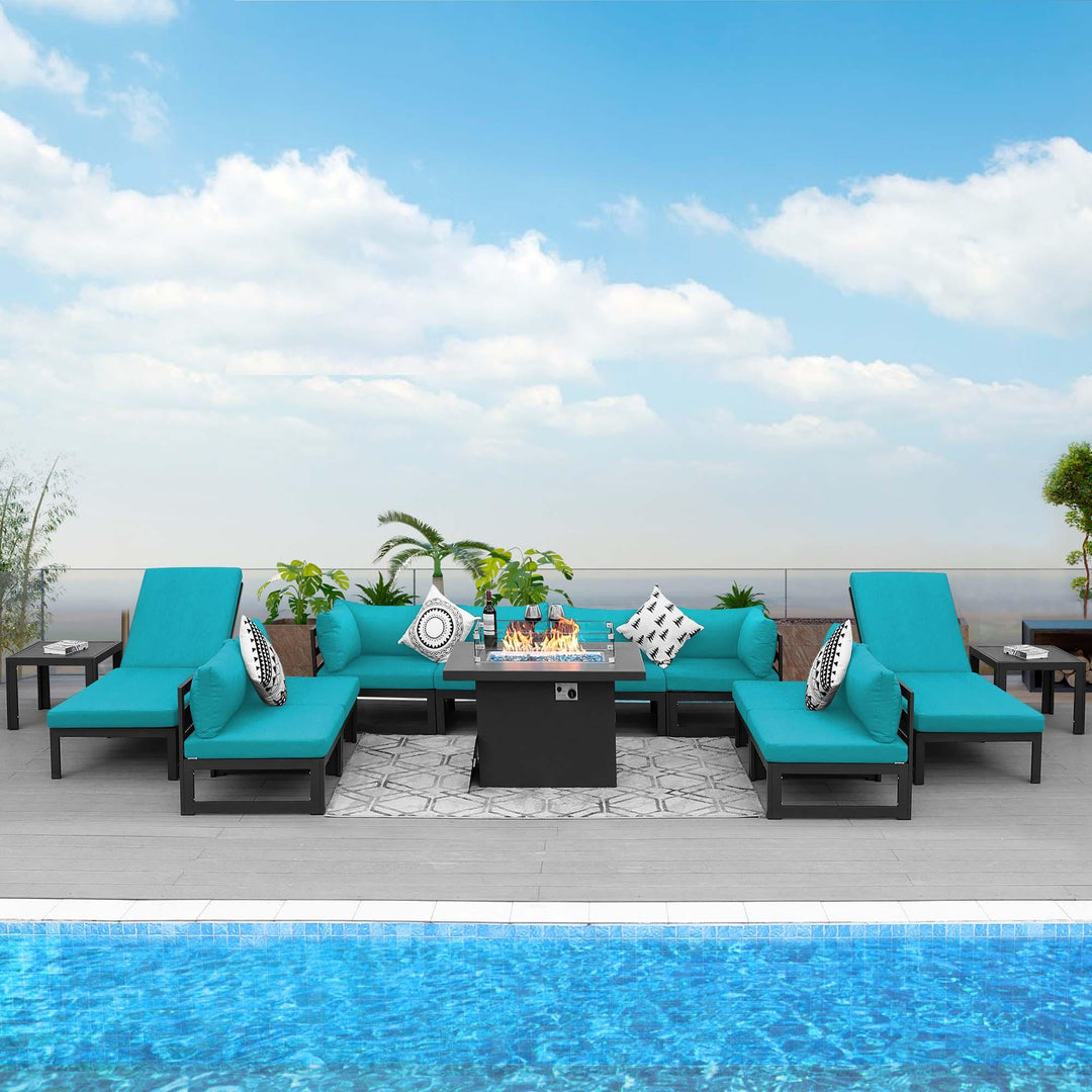 NICESOUL Aluminum Patio Sofa with Fire Pit, Chaise Lounge, Table 10 Seater 13-Piece