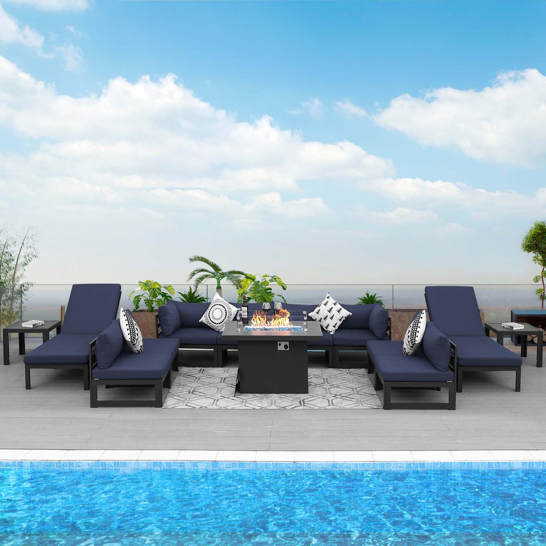 NICESOUL Aluminum Patio Sofa with Fire Pit, Chaise Lounge, Table 10 Seater 13-Piece