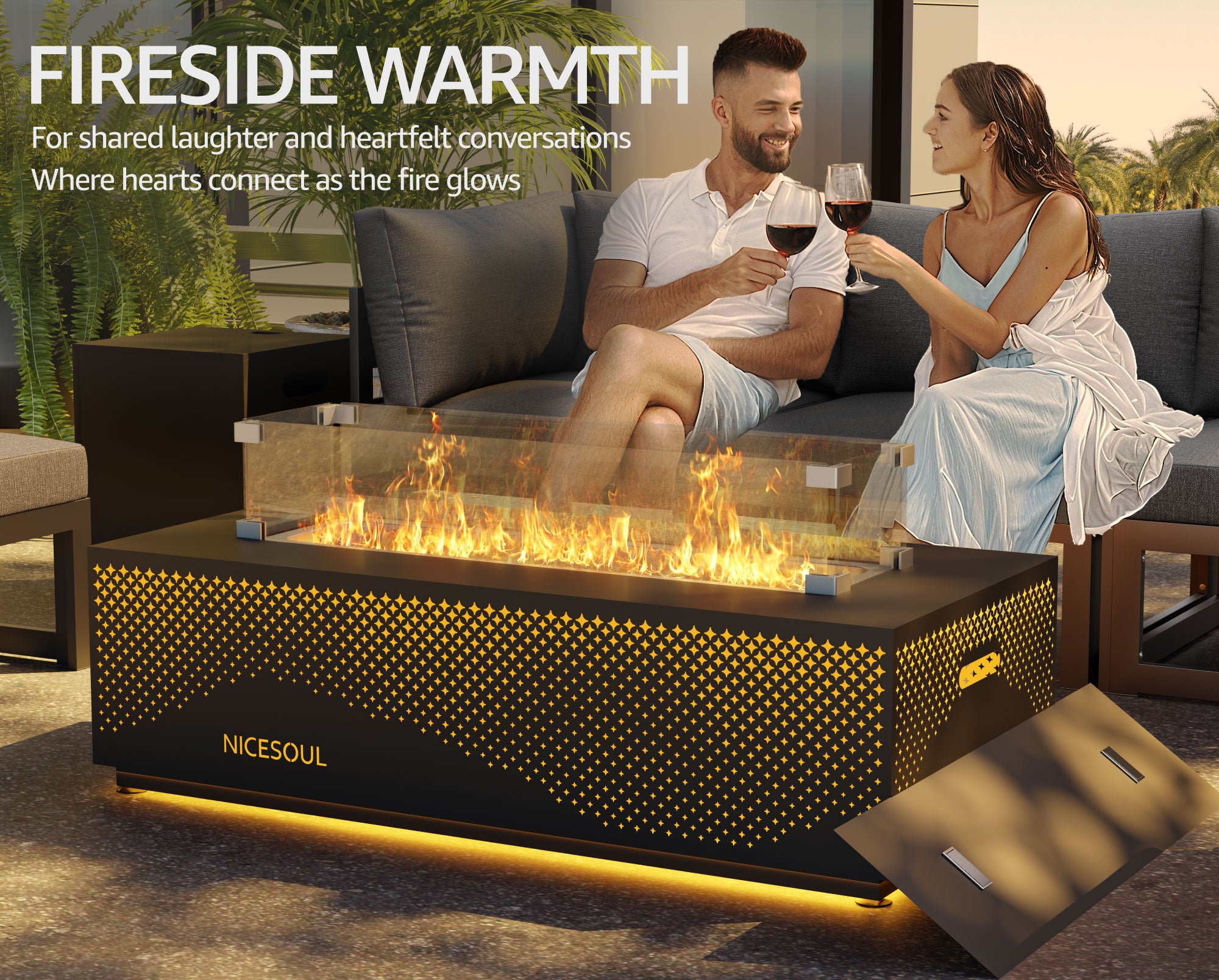 NICESOUL Outdoor Rectangular Fire Pit Table with LED Lights 50,000