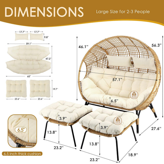 NICESOUL Double Stationary Egg Chair with Ottomans Outdoor Loveseat Chair