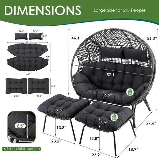 NICESOUL Double Stationary Egg Chair with Ottomans Outdoor Loveseat Chair