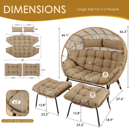 NICESOUL Double Stationary Egg Chair with Ottomans Outdoor Loveseat Chair