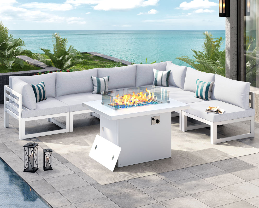 NICESOUL 7 Pieces Extra Large Aluminum Patio Furniture Set with Fire Pit Table#color_wal-lightgray