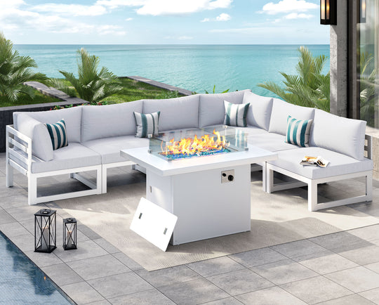 NICESOUL 7 Pieces Extra Large Aluminum Patio Furniture Set with Fire Pit Table#color_wal-lightgray