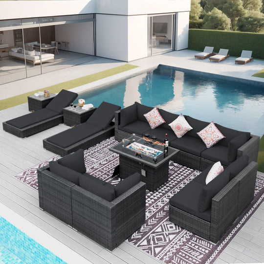 Patio Wicker Firepit Sofa Set with Lounges-12 Piece