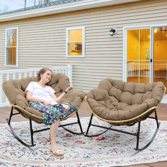 NICESOUL Outdoor Rocking Egg Chair Papasan Recliner Rocker Chair, PE Wicker Oversized Rocking Chair