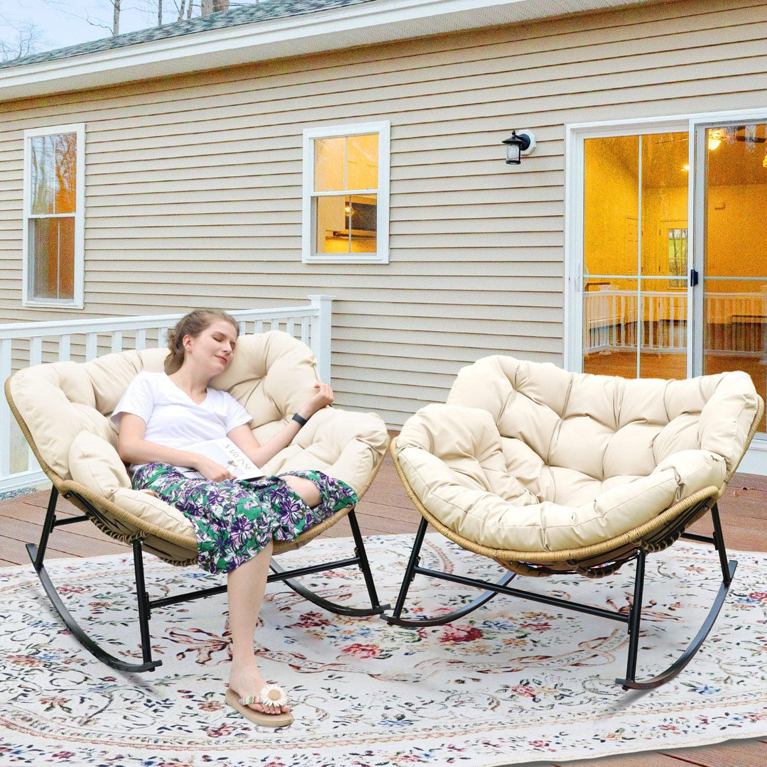 NICESOUL Outdoor Rocking Egg Chair Papasan Recliner Rocker Chair, PE Wicker Oversized Rocking Chair