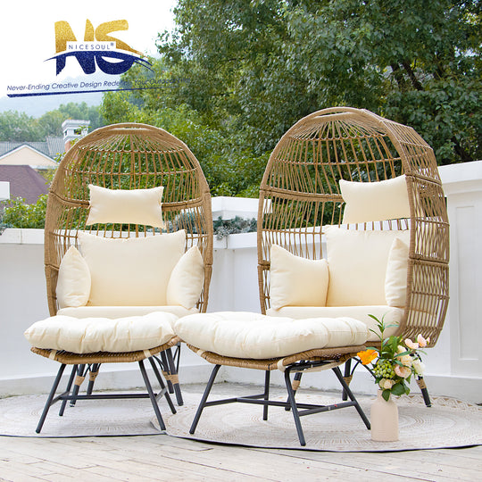 NICESOUL 2 Pieces Outdoor Boho Stationary Egg Chairs with Ottomans for Garden, Backyard, Living Room