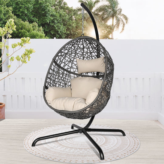 Oversized PE Wicker Light Gray Swing Egg Nest Chair with Stand and A Cover Outdoor Indoor