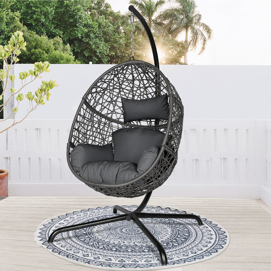 Oversized PE Wicker Light Gray Swing Egg Nest Chair with Stand and A Cover Outdoor Indoor