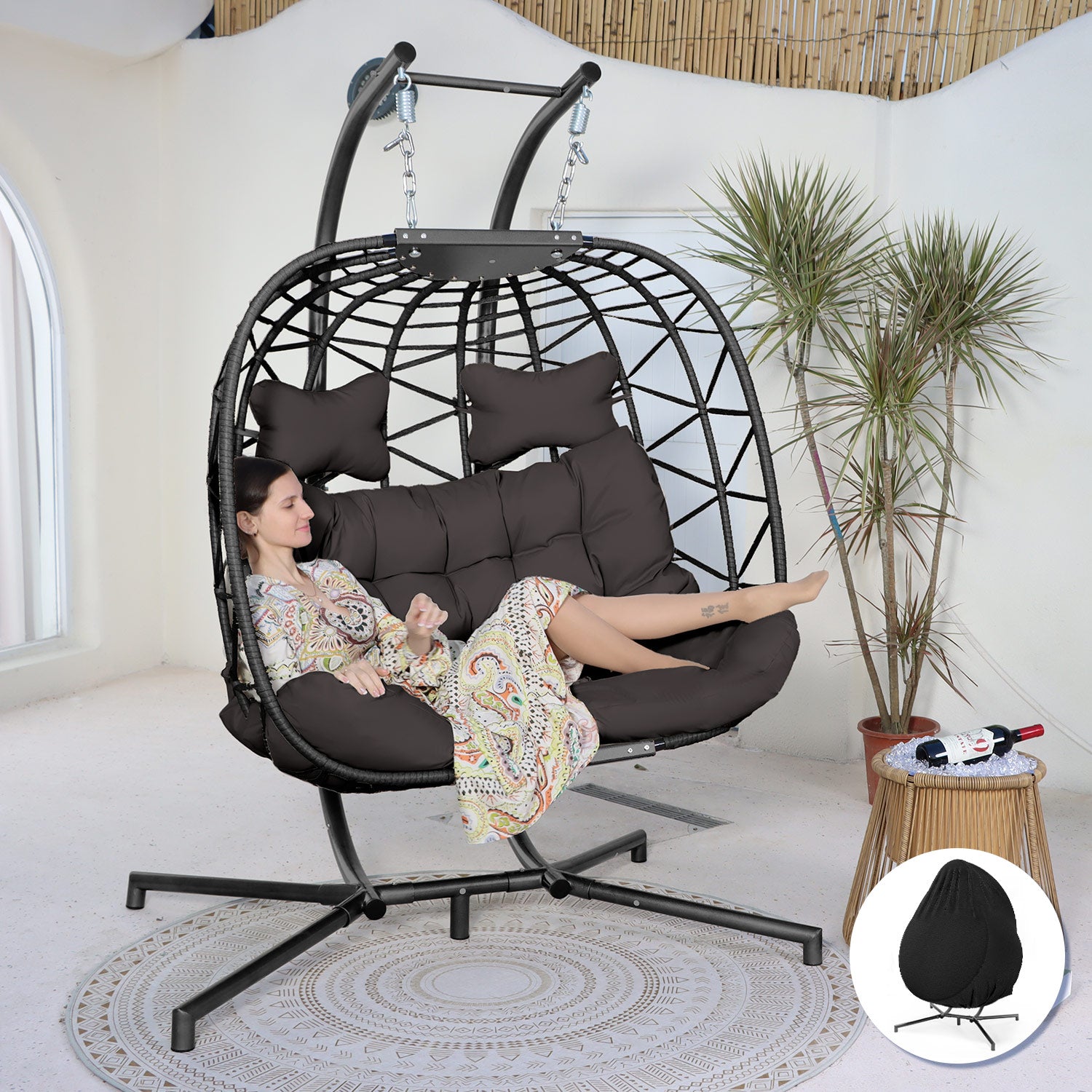 NICESOUL Harmony 2 Person Grey Wicker Swing Egg Chair with Stand