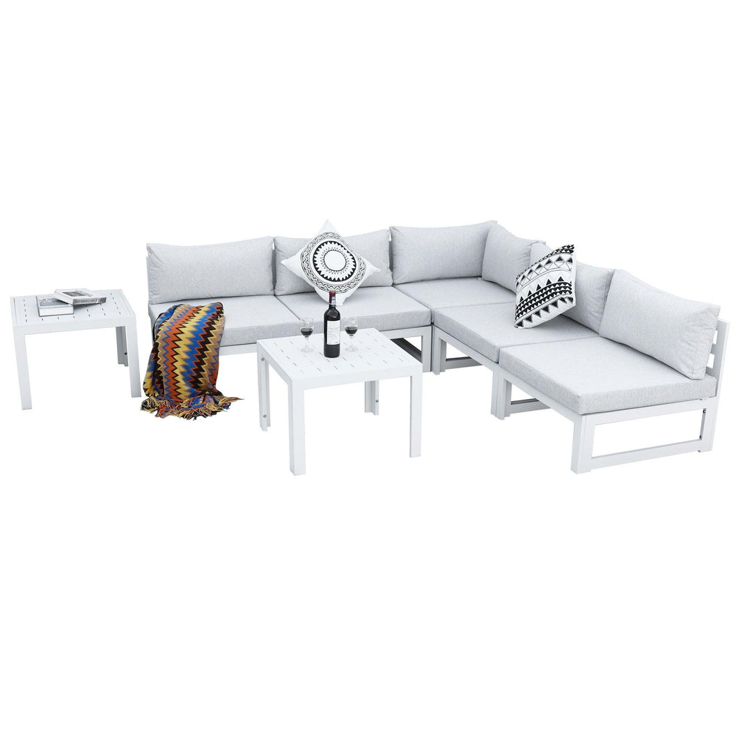 NICESOUL 7 Pieces Extra Large Aluminum Patio Furniture Set with Table 43" Propane Natural Gas Convertable, 29'' Depth Outdoor Luxury Conversation Sofa Set White Gray Color#color_wal-lightgray