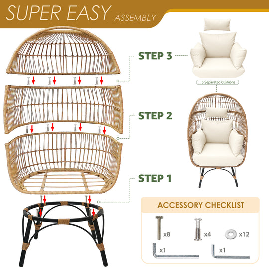 NICESOUL 2 Pieces Outdoor Boho Stationary Egg Chairs with Ottomans for Garden, Backyard, Living Room