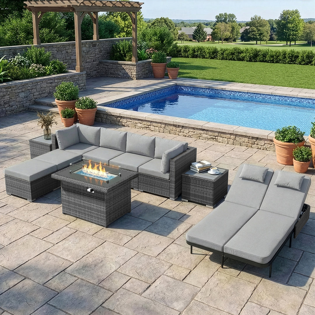 RADIATA 12-Piece Patio Furniture Set with Fire Pit Table, Outdoor Sectional with 43" 60000 BTU Firepit Table, Double Chaise Lounge, High Back Wicker Outdoor Sectional with Fire Pit Set,Dark Gray
