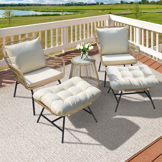 NICESOUL 8 PCS Beige Boho Outdoor Patio Furniture Sets with 2 Chairs, 2 Ottomans & 1 Side Table, Small L Shape Conversation Sectional Sofa with Ice Bucket for Backyard