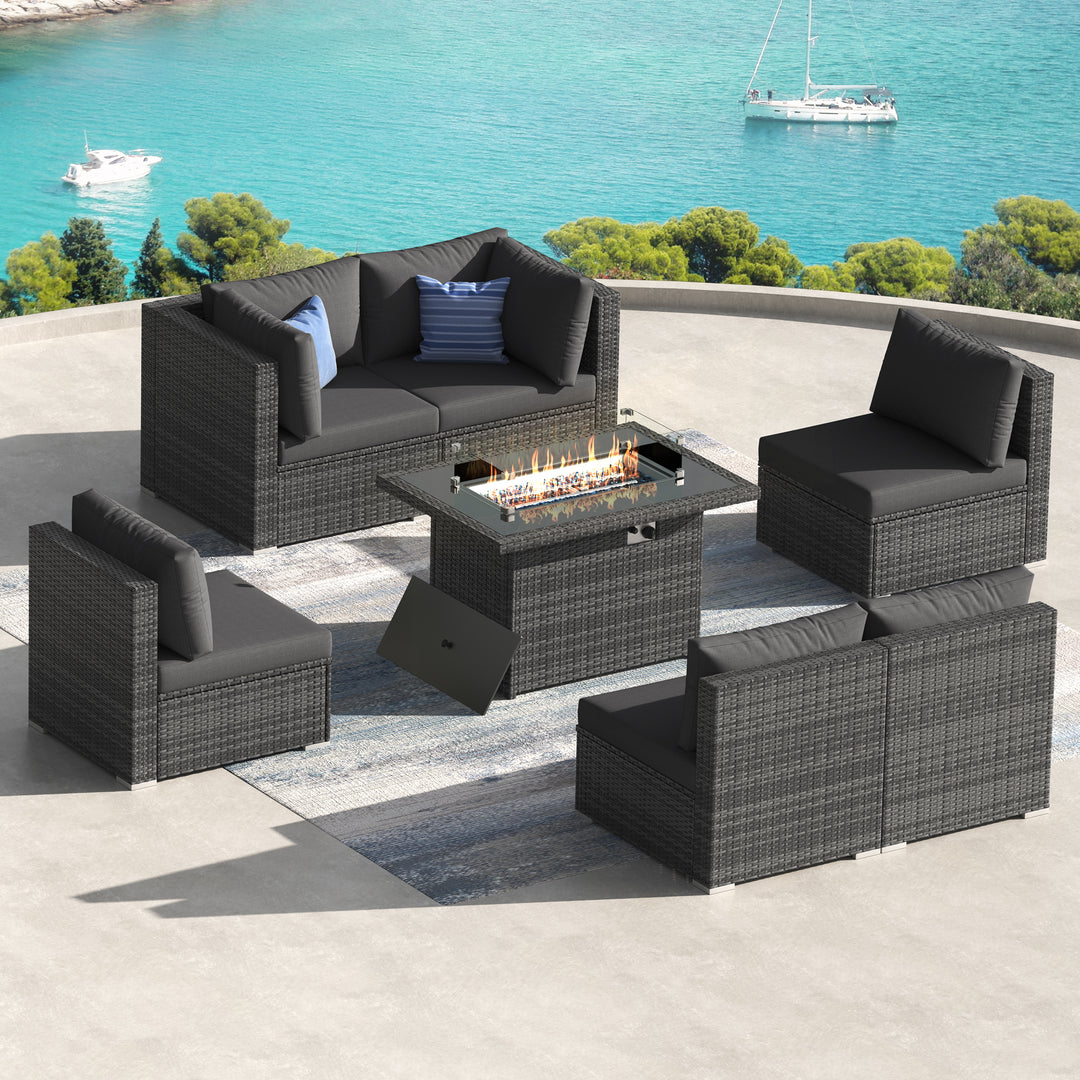 NICESOUL Wicker Outdoor Couch with Fire Pits 6 Seater 7-Piece