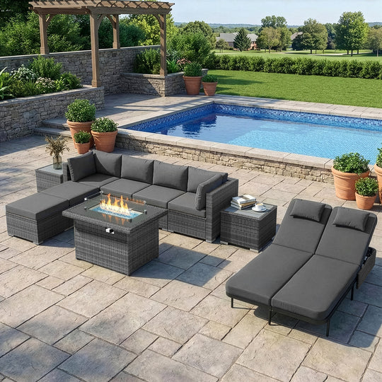 RADIATA 12-Piece Patio Furniture Set with Fire Pit Table, Outdoor Sectional with 43" 60000 BTU Firepit Table, Double Chaise Lounge, High Back Wicker Outdoor Sectional with Fire Pit Set,Dark Gray
