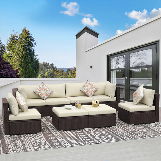 NICESOUL 8 Pieces Modern Luxury 29.3'' High Back Outdoor Furniture Sofa Set Extra Large Size PE Wicker Patio Modular Sectional with Ottomans All-Weather Rattan Conversations for Backyard Deck#color_brt-beige