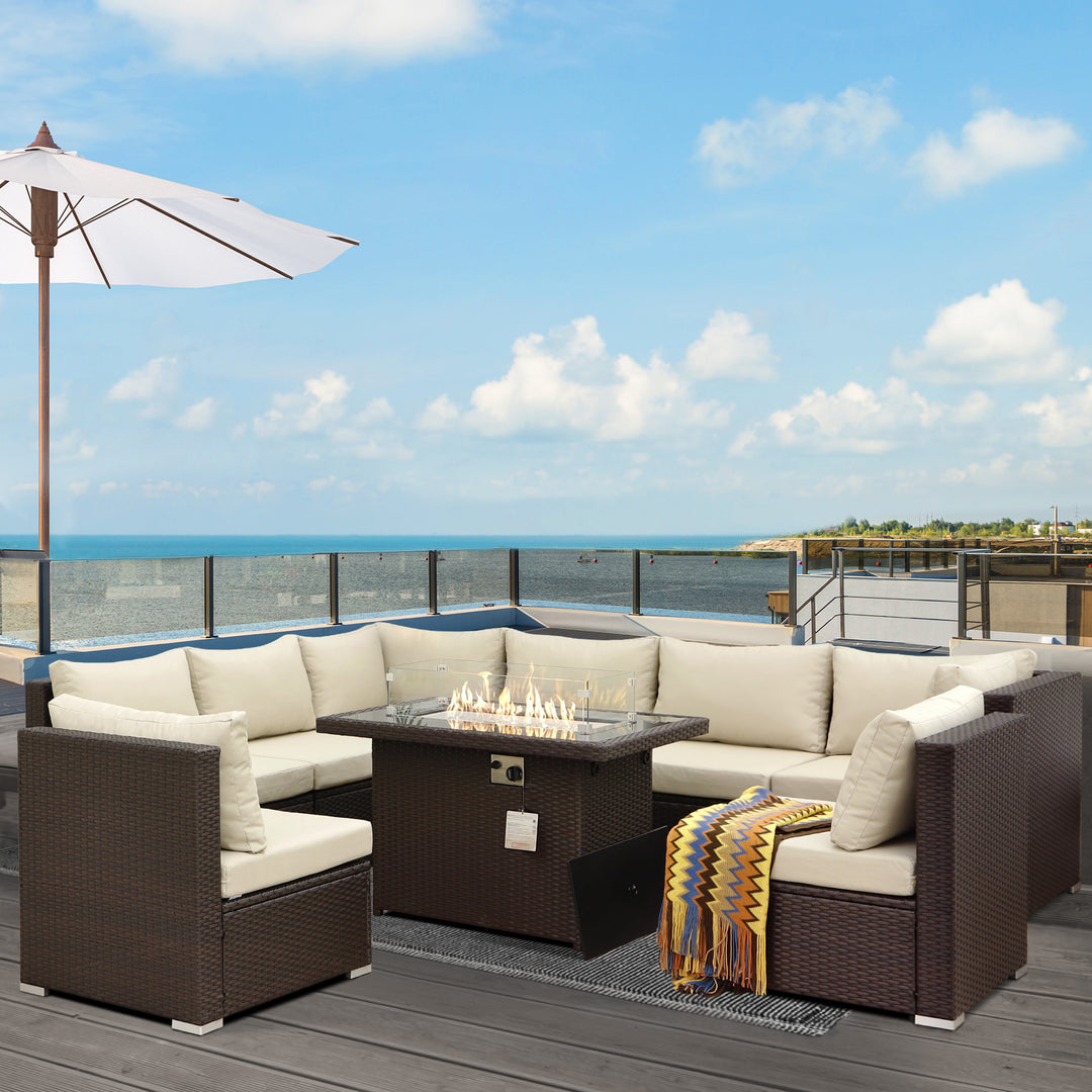 NICESOUL 9 Pieces Modern Luxury Large Size Brown PE Rattan Outdoor Patio Furniture Sectional Sofa Set with Natural Gas/Propane Fire Pit Table All-Weather Wicker Conversation Modular Set#color_brt-beige