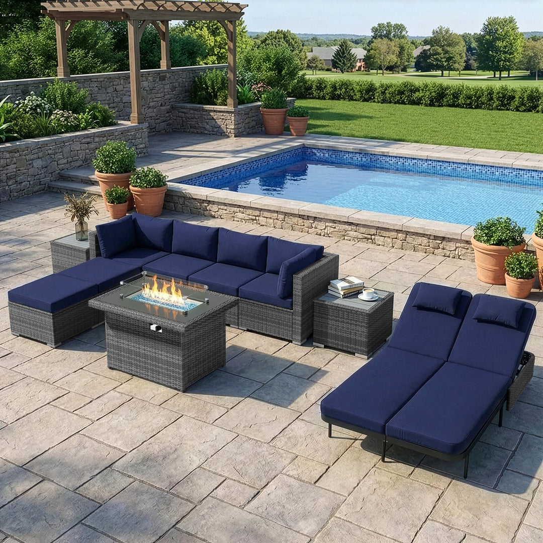 RADIATA 12-Piece Patio Furniture Set with Fire Pit Table, Outdoor Sectional with 43" 60000 BTU Firepit Table, Double Chaise Lounge, High Back Wicker Outdoor Sectional with Fire Pit Set,Dark Gray