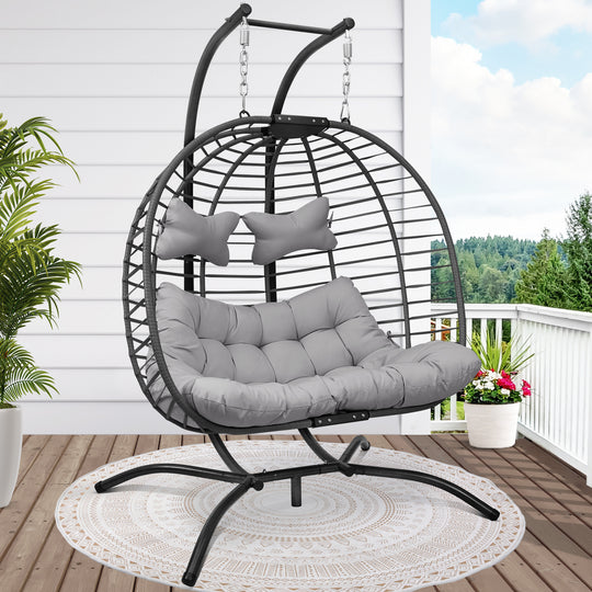 NICESOUL Outdoor Double Hanging Egg Chair with Stand PE Wicker Oversized Patio 2 Person Swing Egg Chair Beige Loveseat