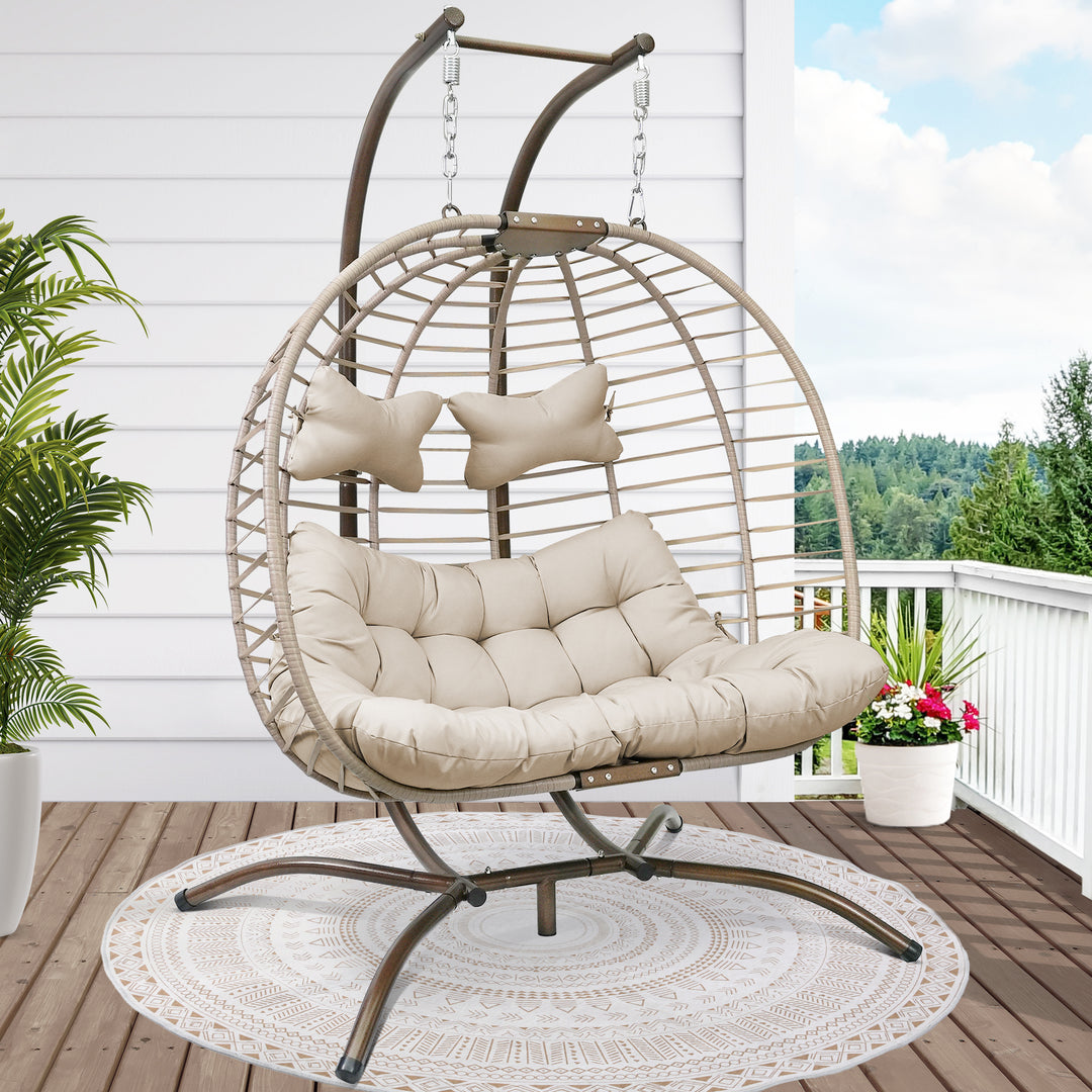 NICESOUL Outdoor Double Hanging Egg Chair with Stand PE Wicker Oversized Patio 2 Person Swing Egg Chair Beige Loveseat