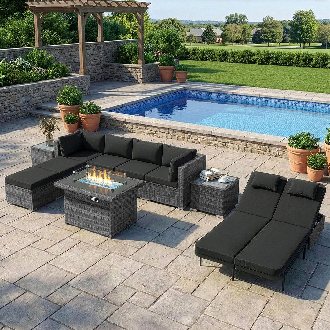 RADIATA 12-Piece Patio Furniture Set with Fire Pit Table, Outdoor Sectional with 43" 60000 BTU Firepit Table, Double Chaise Lounge, High Back Wicker Outdoor Sectional with Fire Pit Set,Dark Gray
