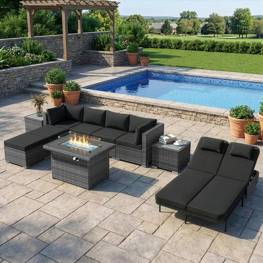 RADIATA 12-Piece Patio Furniture Set with Fire Pit Table, Outdoor Sectional with 43" 60000 BTU Firepit Table, Double Chaise Lounge, High Back Wicker Outdoor Sectional with Fire Pit Set,Dark Gray