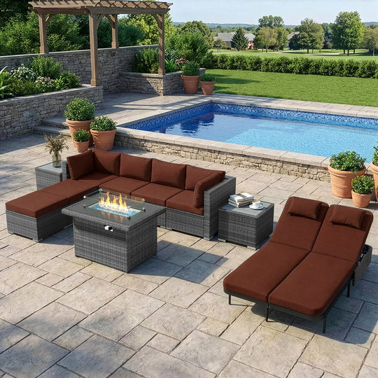 RADIATA 12-Piece Patio Furniture Set with Fire Pit Table, Outdoor Sectional with 43" 60000 BTU Firepit Table, Double Chaise Lounge, High Back Wicker Outdoor Sectional with Fire Pit Set,Dark Gray