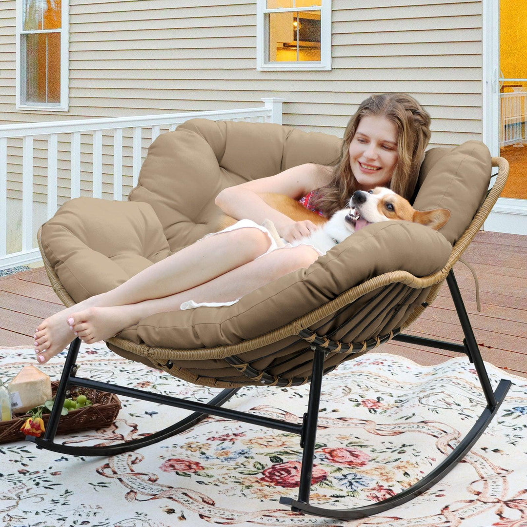 NICESOUL Outdoor Rocking Egg Chair Papasan Recliner Rocker Chair, PE Wicker Oversized Rocking Chair