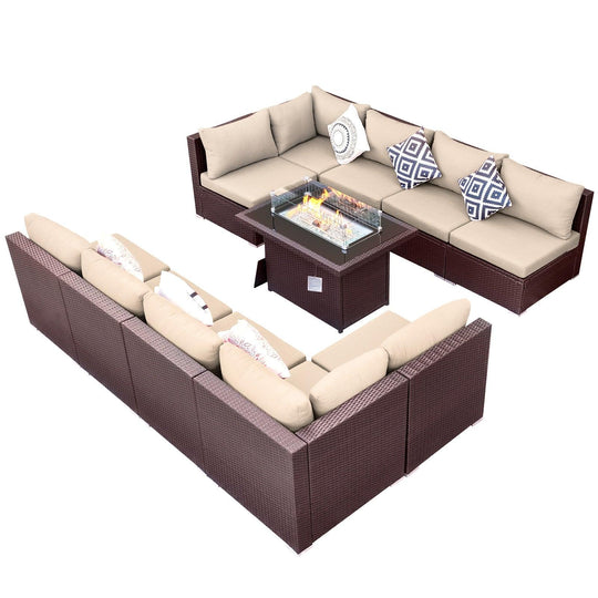 NICESOUL 11 Pieces 10 Seats Luxury Big Patio Furniture Sectional Set with Natural Gas/Propane Fire Pit Table, 29.3" High Back Deep Seating Brown PE Wicker Modular Outdoor Conversation Set for Outside#color_brt-beige