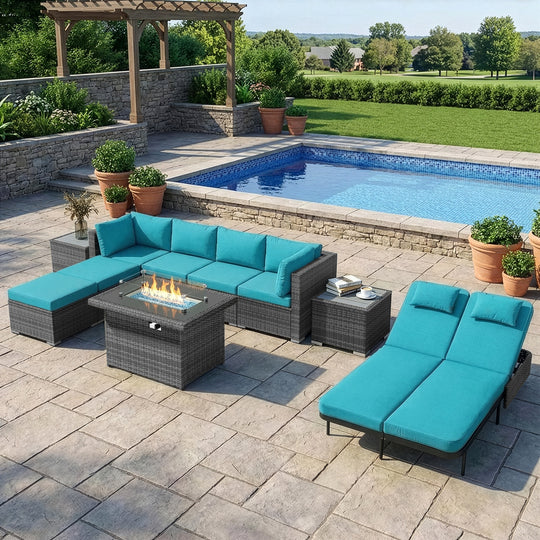 RADIATA 12-Piece Patio Furniture Set with Fire Pit Table, Outdoor Sectional with 43" 60000 BTU Firepit Table, Double Chaise Lounge, High Back Wicker Outdoor Sectional with Fire Pit Set,Dark Gray