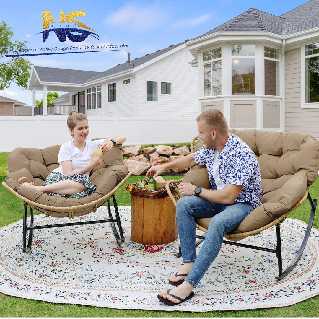 NICESOUL Outdoor Rocking Egg Chair Papasan Recliner Rocker Chair, PE Wicker Oversized Rocking Chair