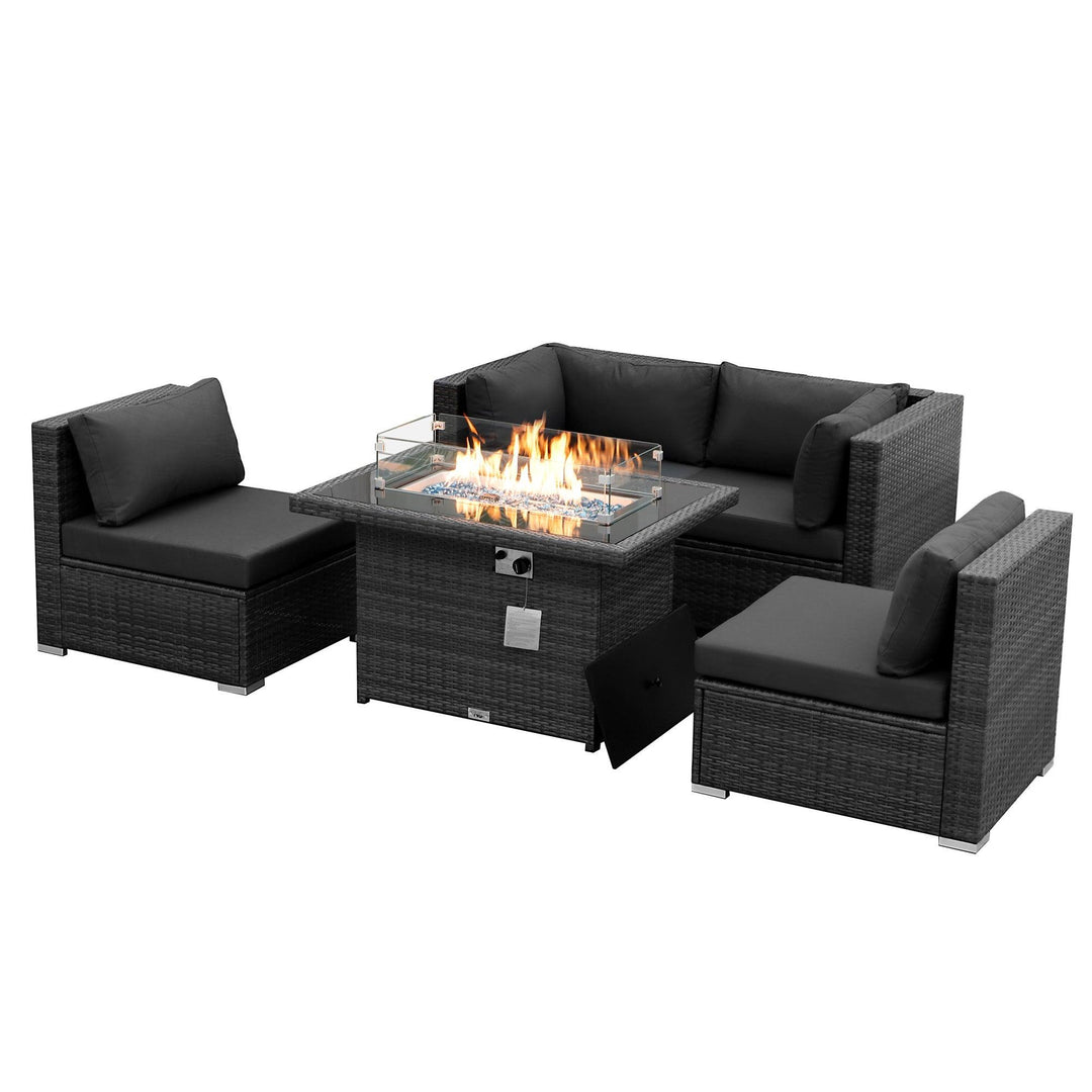 NICESOUL 5 Pieces Modern Luxury Wicker Patio Furniture Set with Fire Pit Table, 43" Natural Gas/Propane Fireplace 29.3'' High-Back Deep Wide Seat Outdoor Sectional Conversations Sofa Set for Outside#color_grt-darkgray