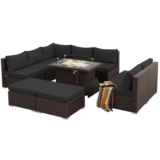 Patio Wicker Sofa Set With Firepit-10 Piece