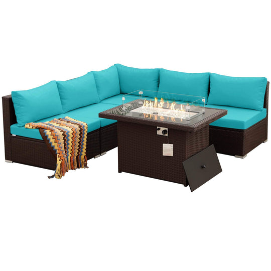 Patio Wicker Sofa Set With Firepit-6 Seat