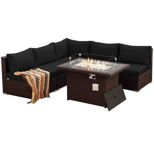 Patio Wicker Sofa Set With Firepit-6 Seat