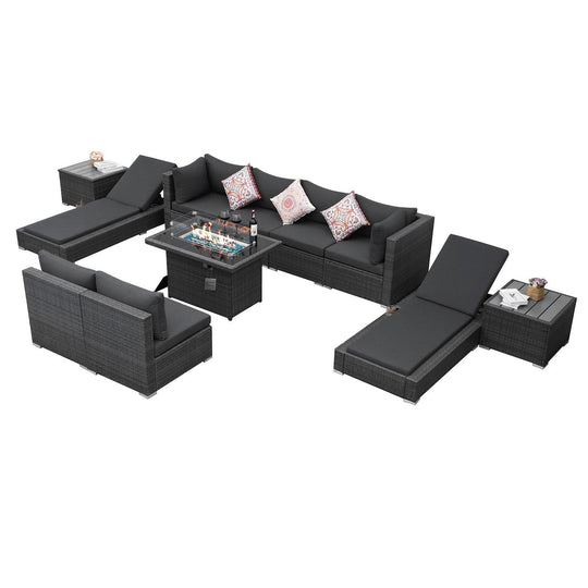 NICESOUL 11 Pieces Luxury Outdoor Wicker Sectional Furniture Set with Natural Gas/Propane Fire Pit Table Lounge Chair Side Table, Modular Conversation Sofa Set for Patio Poolside Yard Relaxation Movie Nights#color_grt-darkgray