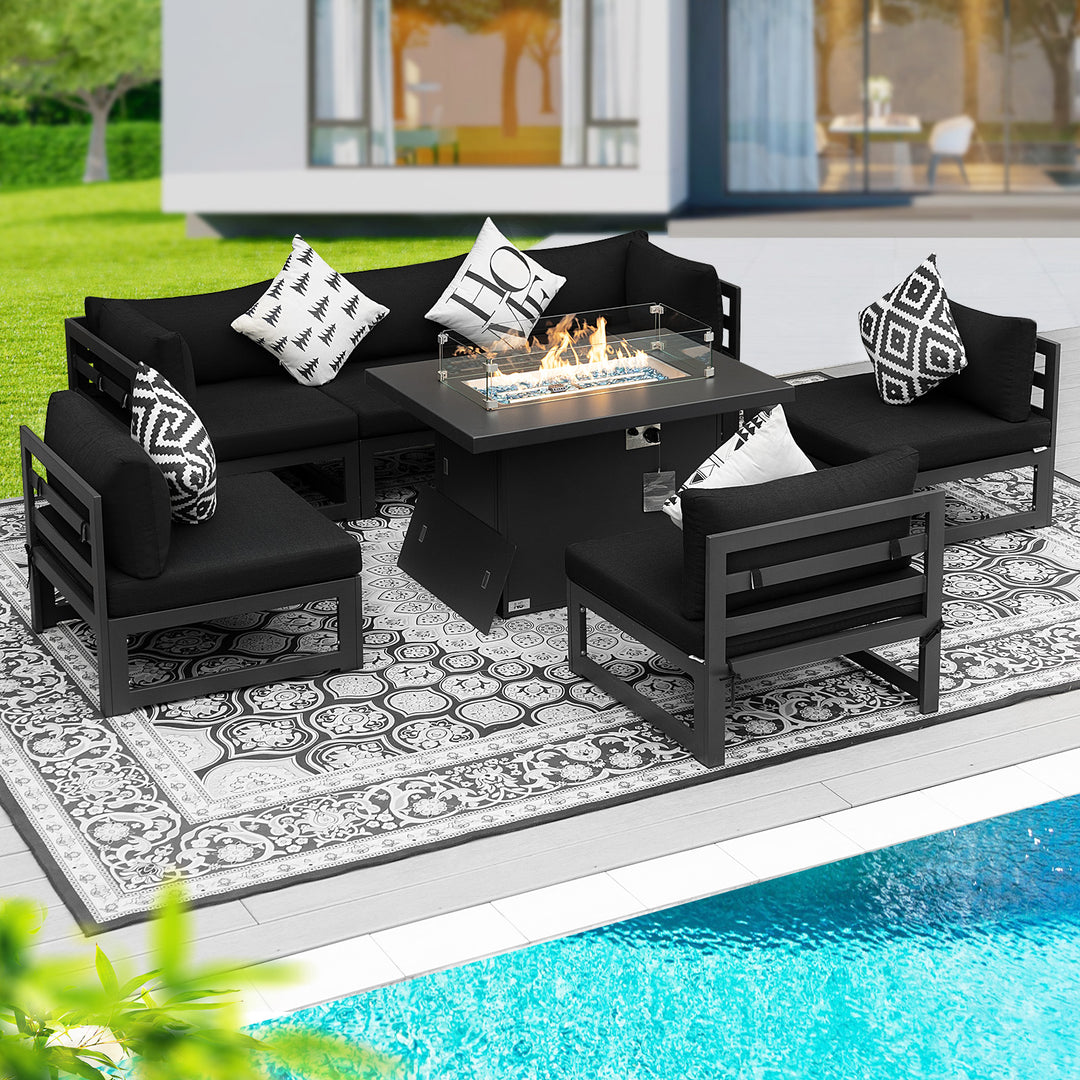 NICESOUL 7 Pieces Aluminum Patio Furniture Set with Fire Pit Table, Grey Outdoor Conversation Set with Black Olefin Cushion, Patio Sectional Sofa for Poolside, 2 Color Cushions#color_gal-black