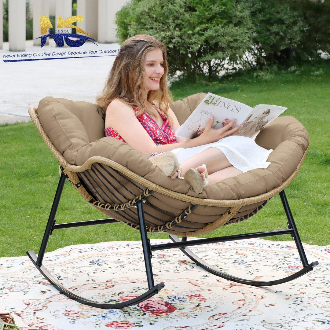 NICESOUL Outdoor Rocking Egg Chair Papasan Recliner Rocker Chair, PE Wicker Oversized Rocking Chair