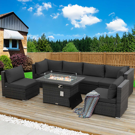 NICESOUL 7 Pcs High-End Extra Large Outdoor Patio Furniture Set with Natural Gas/Propane Firepits,Wicker Sectional Couches with Fire pit Table, 29.3''High Back Conversation Sofas Deep Seating#color_grt-darkgray