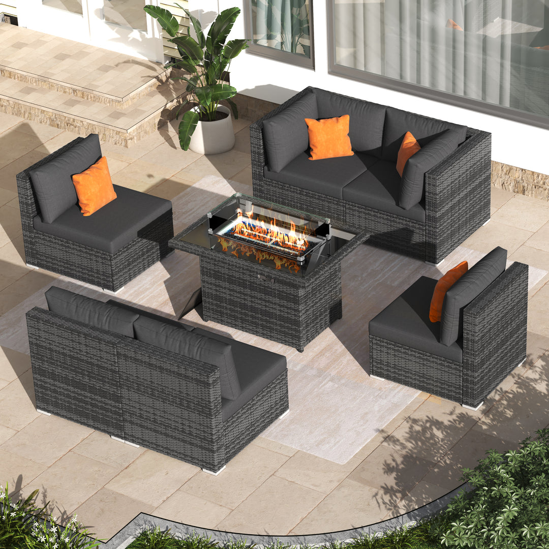 NICESOUL Wicker Outdoor Couch with Fire Pits 6 Seater 7-Piece