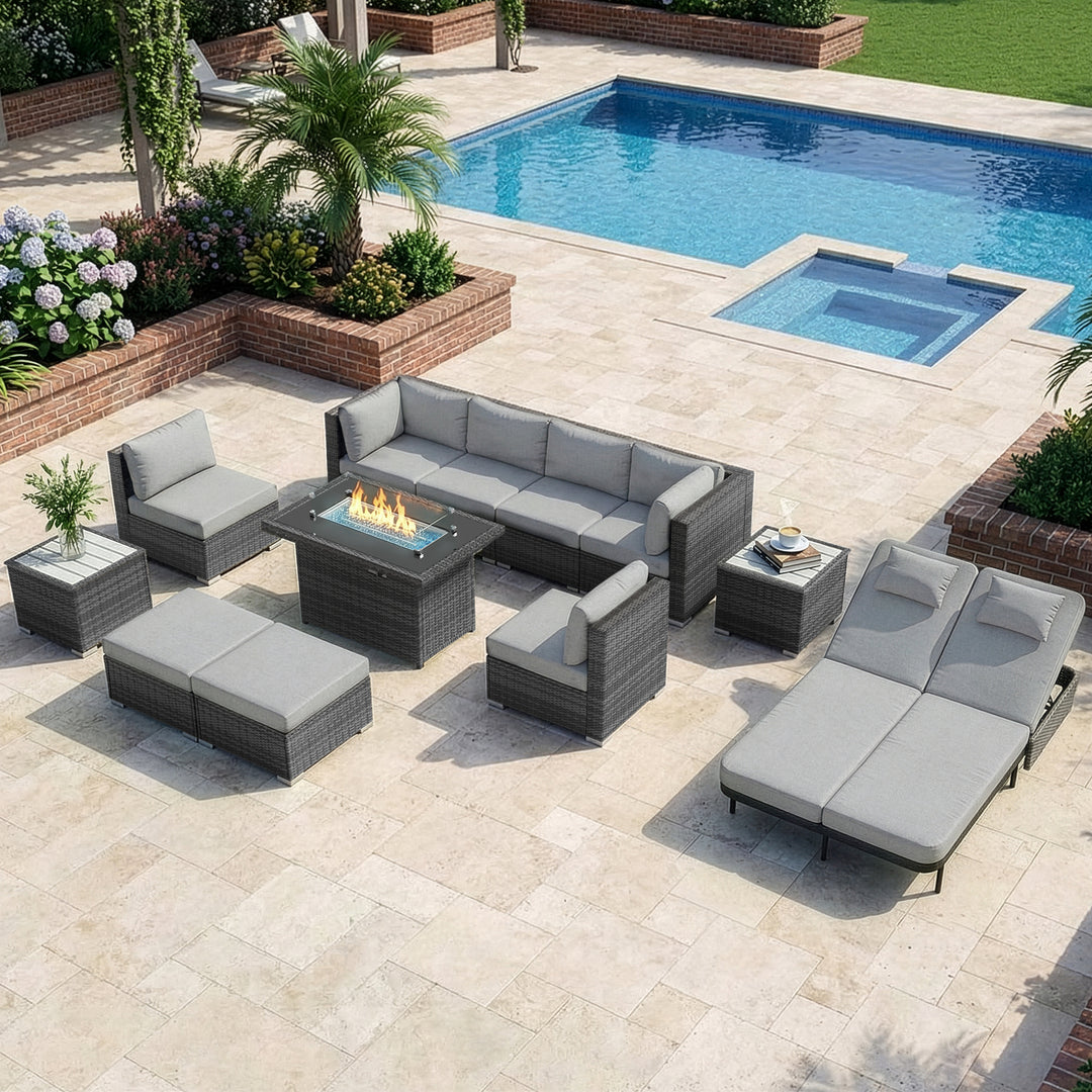 RADIATA 12-Piece Patio Furniture Set with Fire Pit Table, Outdoor Sectional with 43" 60000 BTU Firepit Table, Double Chaise Lounge, High Back Wicker Outdoor Sectional with Fire Pit Set,Dark Gray