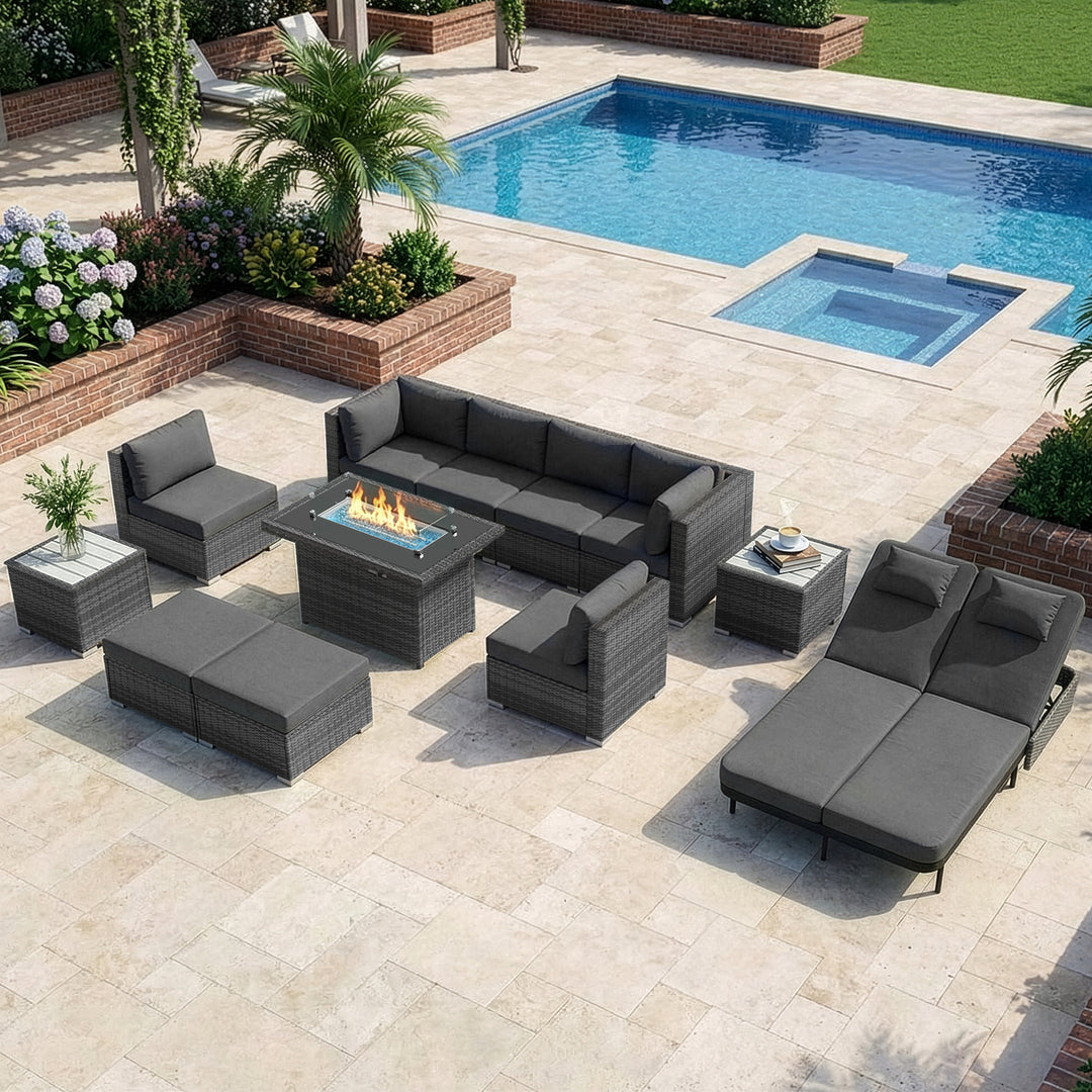 RADIATA 12-Piece Patio Furniture Set with Fire Pit Table, Outdoor Sectional with 43" 60000 BTU Firepit Table, Double Chaise Lounge, High Back Wicker Outdoor Sectional with Fire Pit Set,Dark Gray